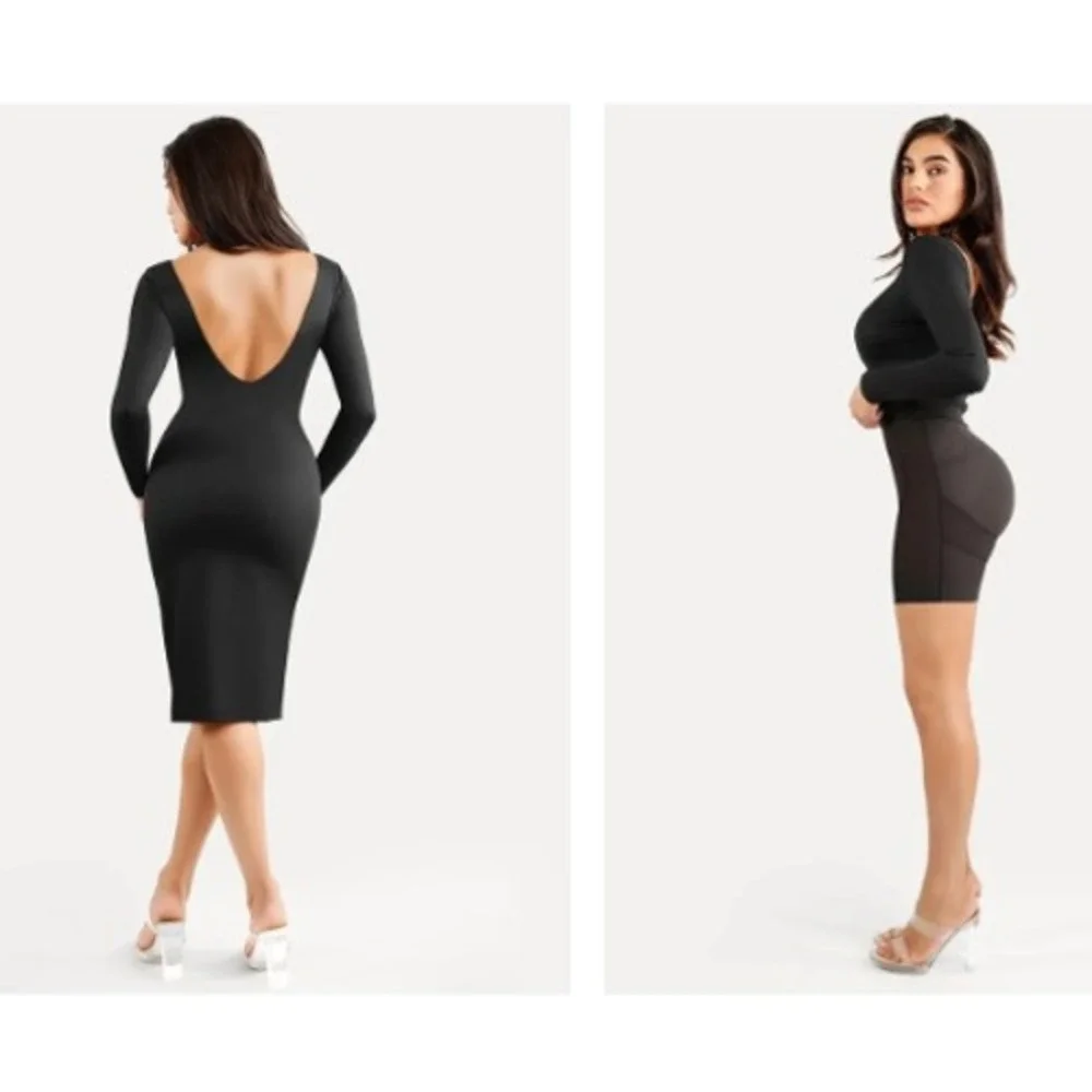 Popilush Shapewear Long Sleeve Boat Neck Sculpting Midi Dress Size M‎ Black NEW